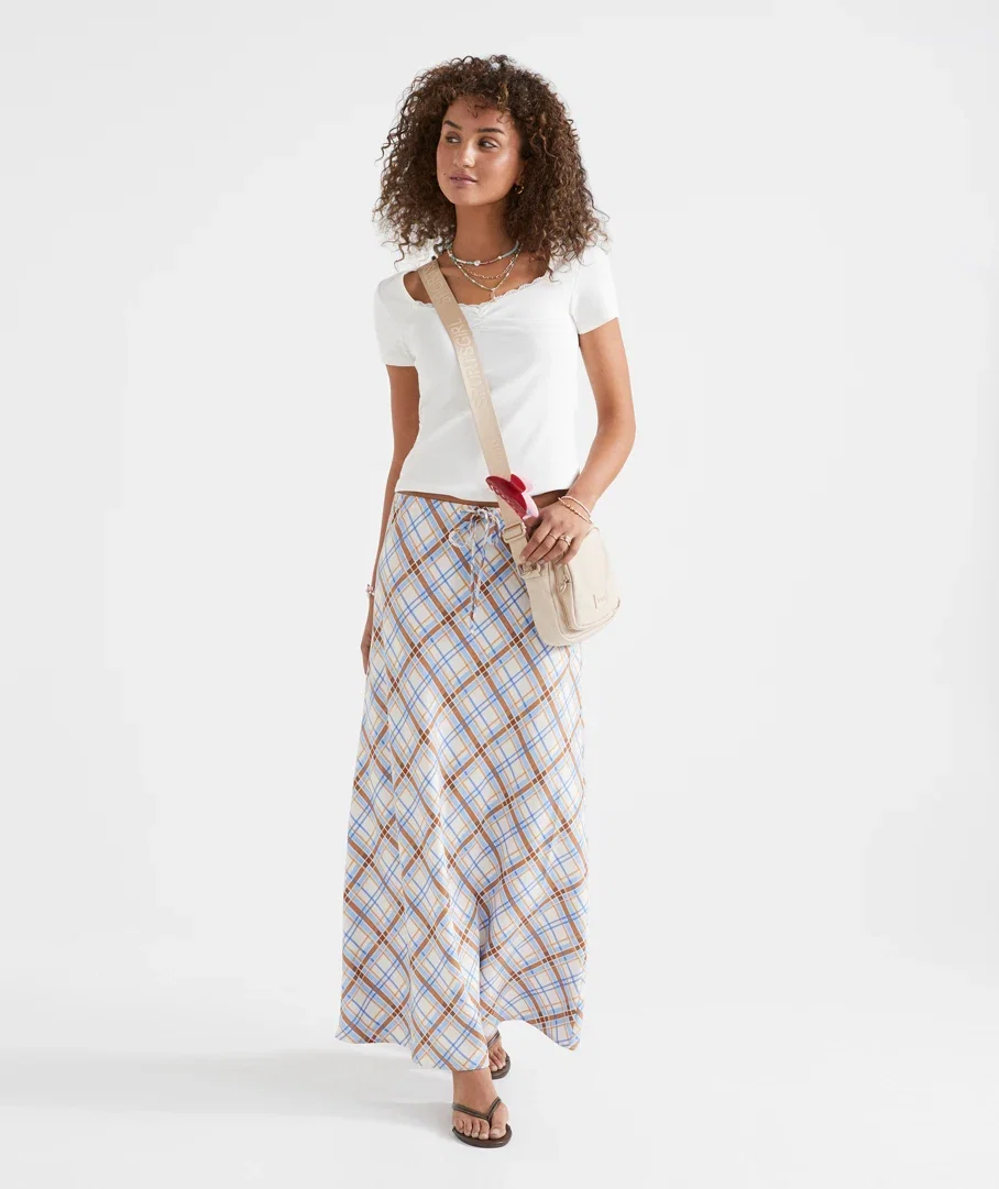 AVA BIAS DRAWCORD LINEN BLEND MIDI SKIRT