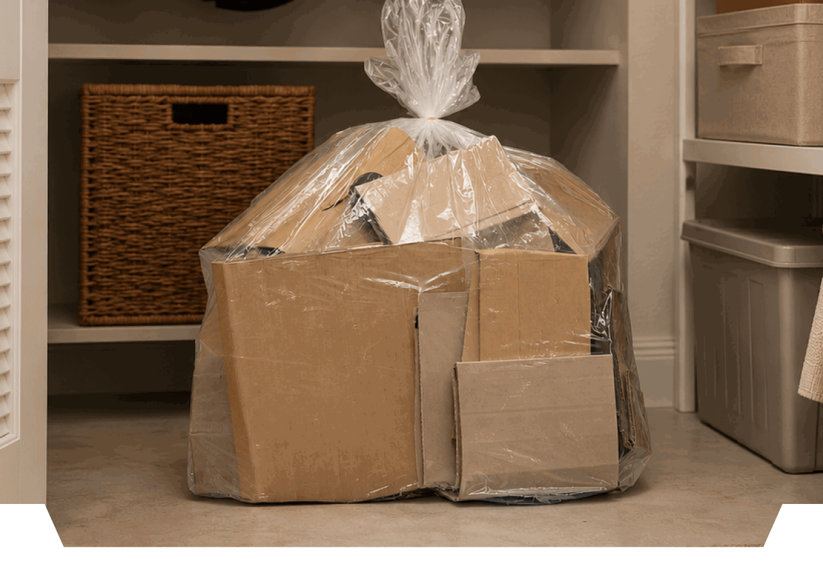 A large bag filled with cardboard boxes placed on the floor of a closet.