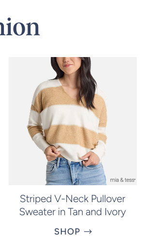 Striped V-Neck Pullover Sweater in Tan and Ivory