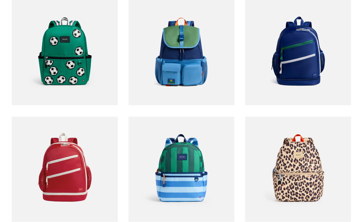 6 colorful children's backpacks including soccer ball print, blue color-block, navy with green zip, red, green and blue stripe, and leopard print styles