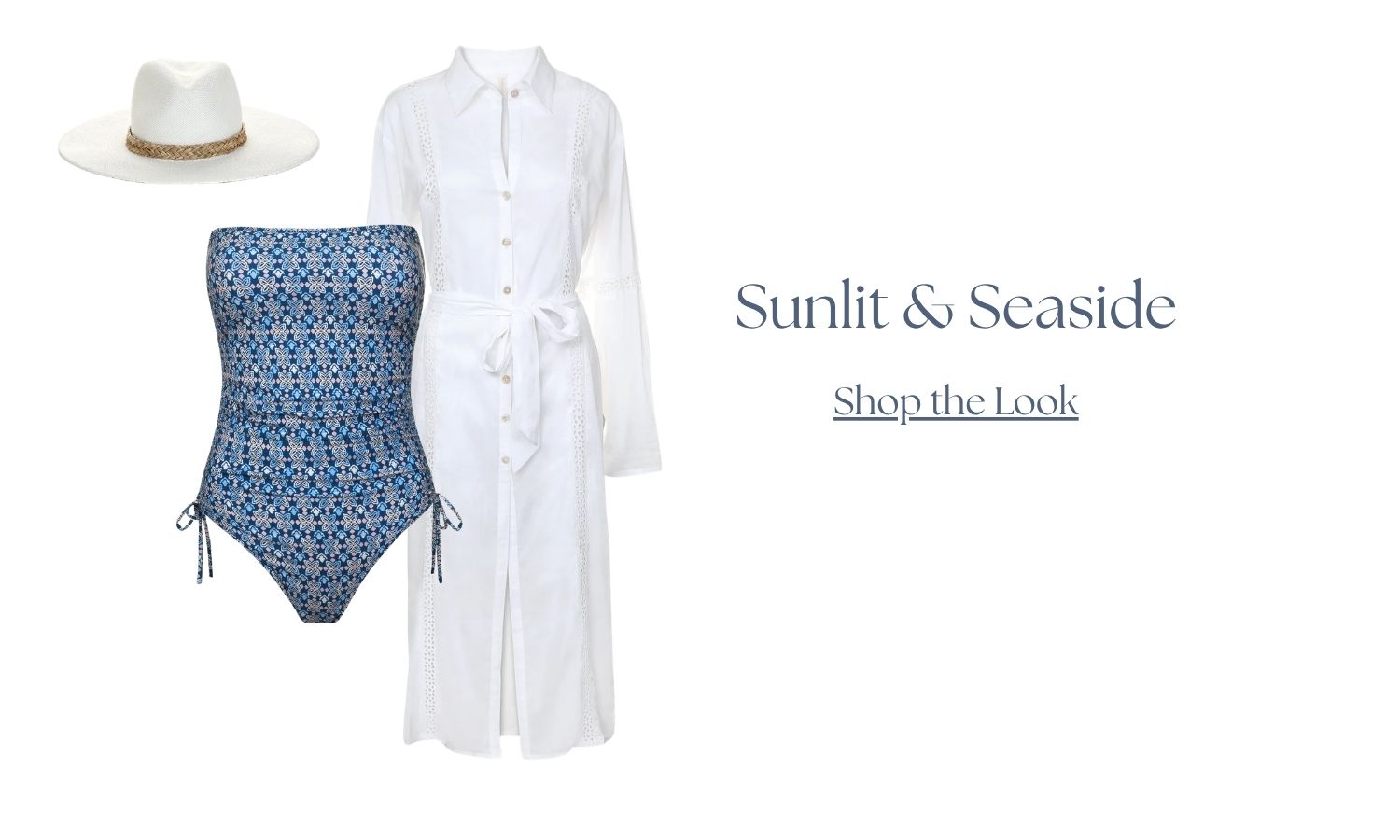 Sunlit & Seaside, shop our lagos cinched one-piece, eyelet trim long white dress, and amina hood white panama hat