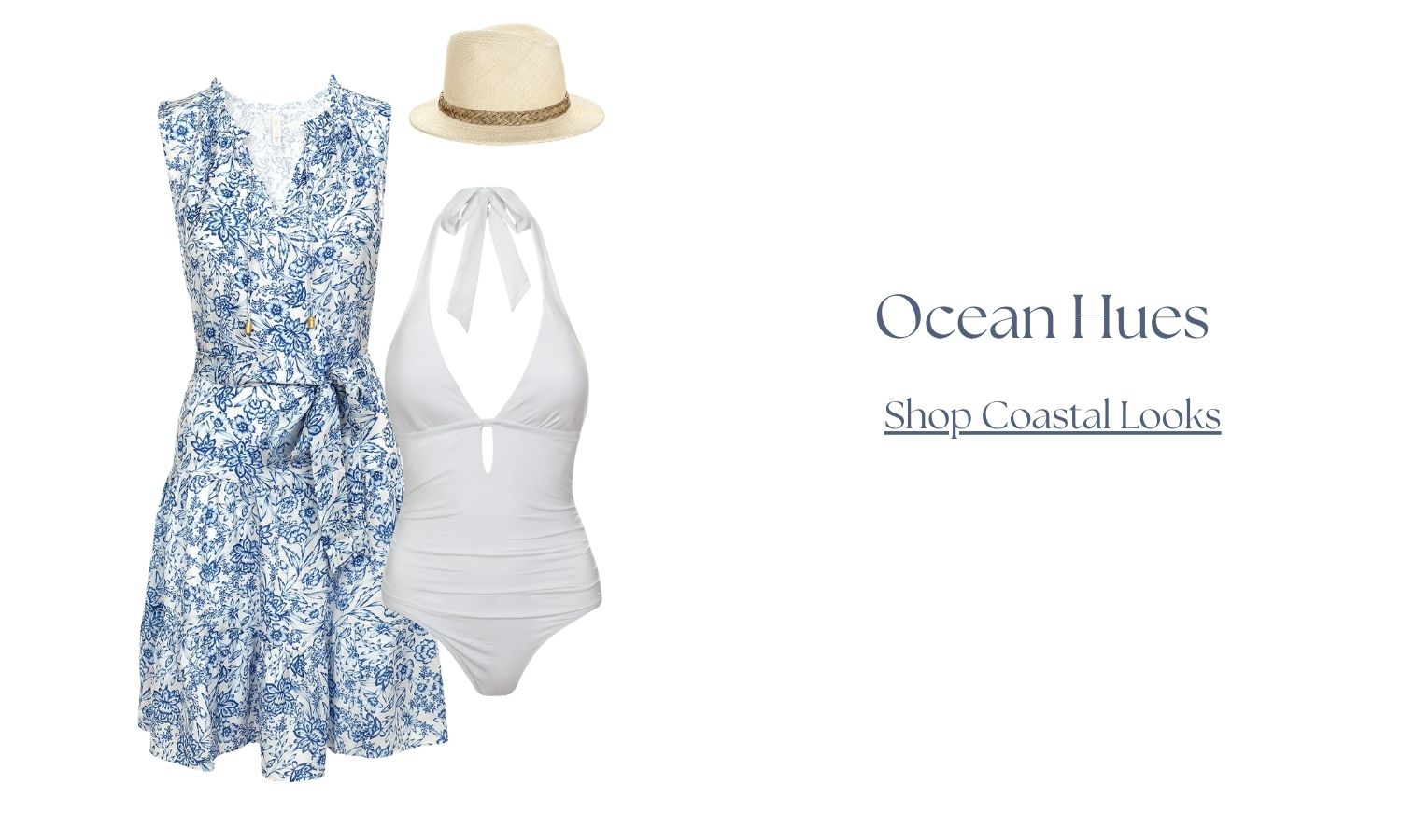 ocean hues, shop our belted knee length short sleeve floral blue and white dress, our white keyhole neckline one piece and the amina hood short brim fedora