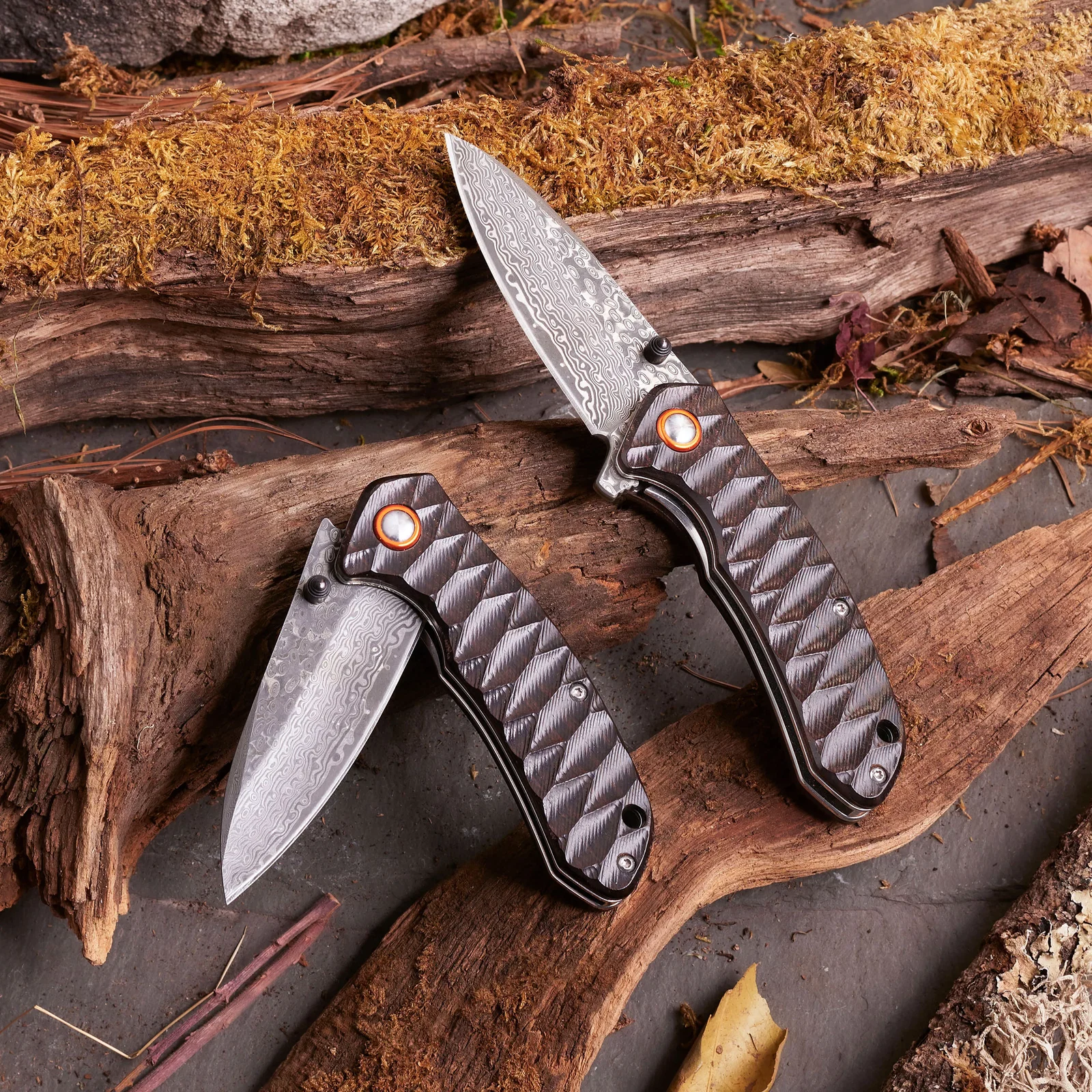 Image of Fine Folding Damascus Steel Knife with Ebony Handle