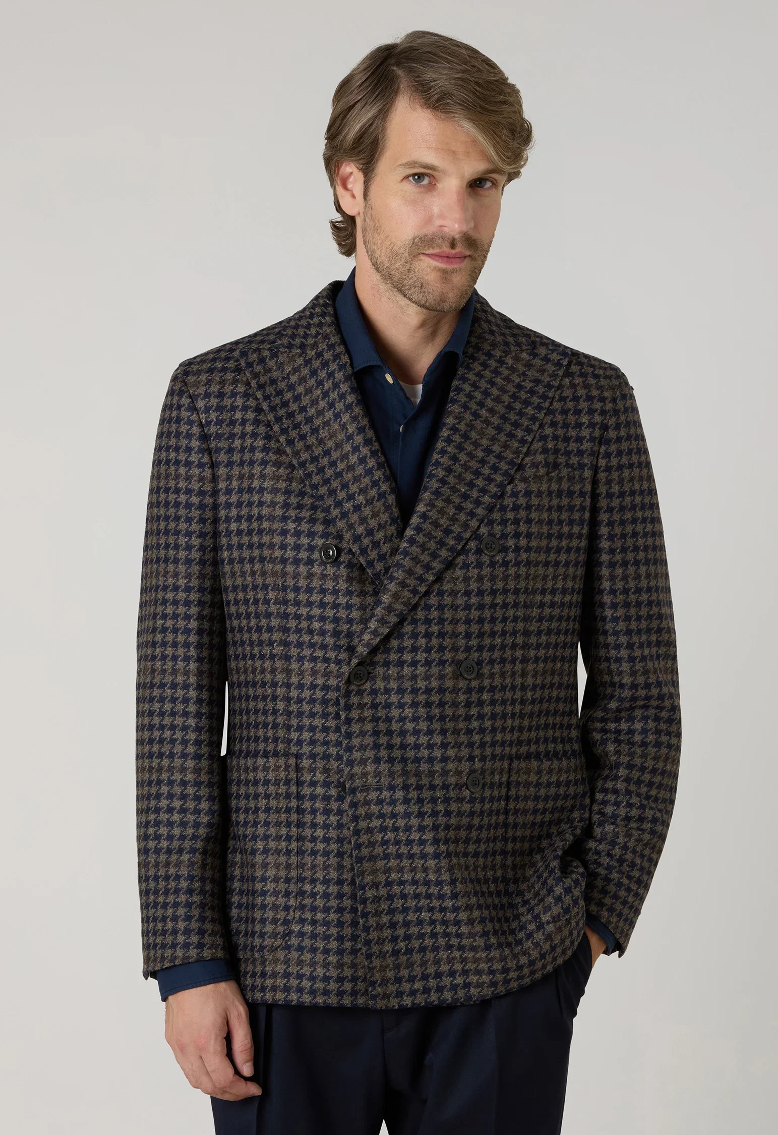 Image of K-Jacket doppiopetto in lana e cashmere pied-de-poule marrone