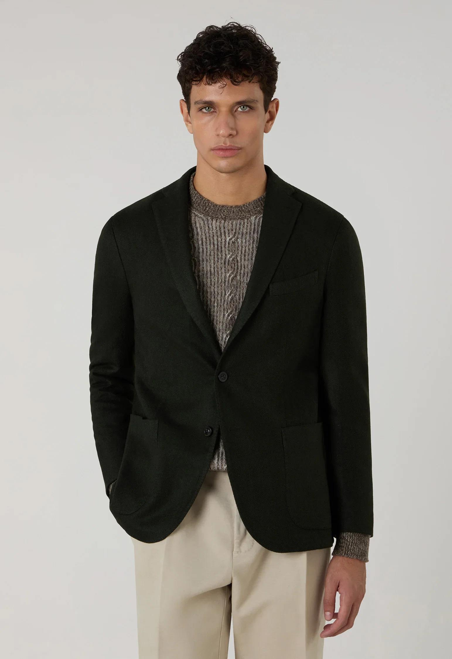 Image of K-Jacket in lana tinta in capo a spina di pesce verde scuro