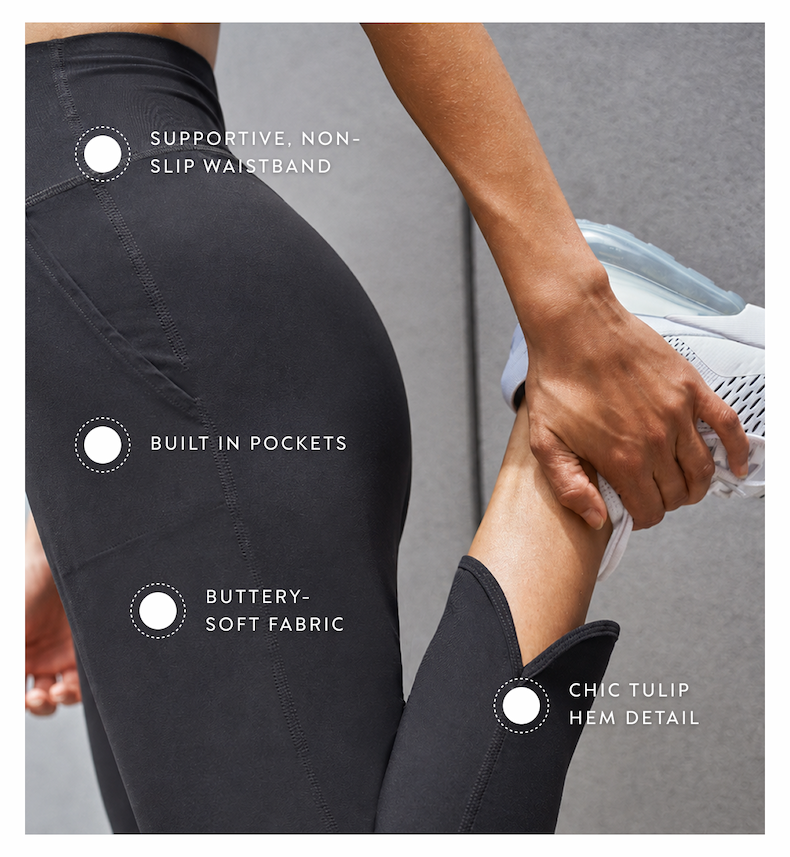 SUPPORTIVE NONSLIP WAISTBAND BUILT IN POCKETS BUTTERY SOFT FABRIC CHICH TULIP HEM DETAIL