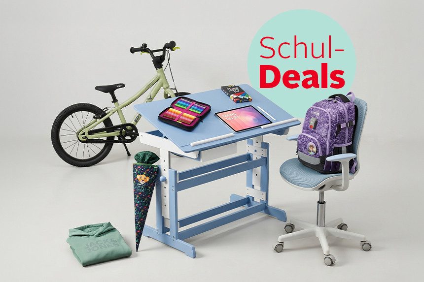 Schul-Deals mit Fahrrad, Schreibtisch, Schulranzen und diverser Schul-Ausrüstung.