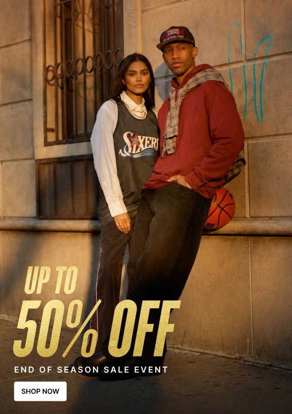 Two models wear basketball-inspired streetwear as the End of Season Sale offers up to 50% off jerseys, apparel and more.