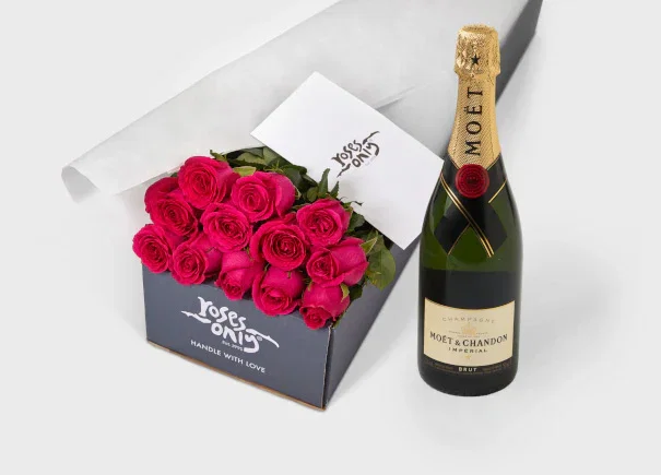 Image of Bright Pink Roses Gift Box & Moet & Chandon Imperial Brut Champagne (ROA43)