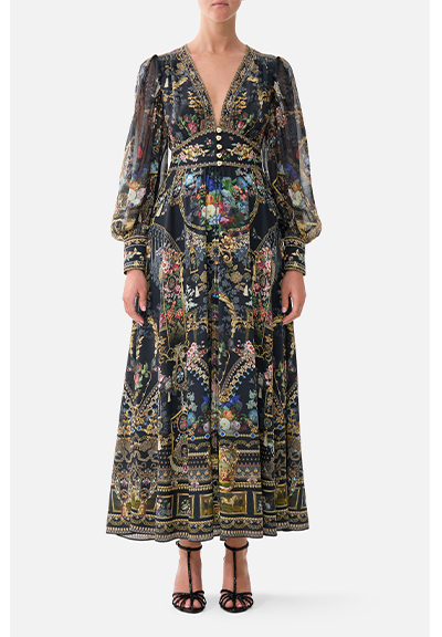 SHAPED WAISTBAND DRESS WITH GATHERED SLEEVES | NIGHT GARDEN
