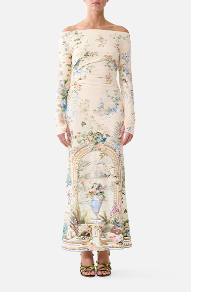 OFF SHOULDER GATHERED JERSEY DRESS | MIDSUMMER MASTERPIECE
