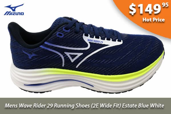 Mizuno Mens Wave Rider 29 Running Shoes 2E Wide Fit Estate Blue White