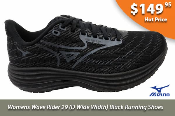 Mizuno Womens Wave Rider 29 D Wide Width Black Running Shoes