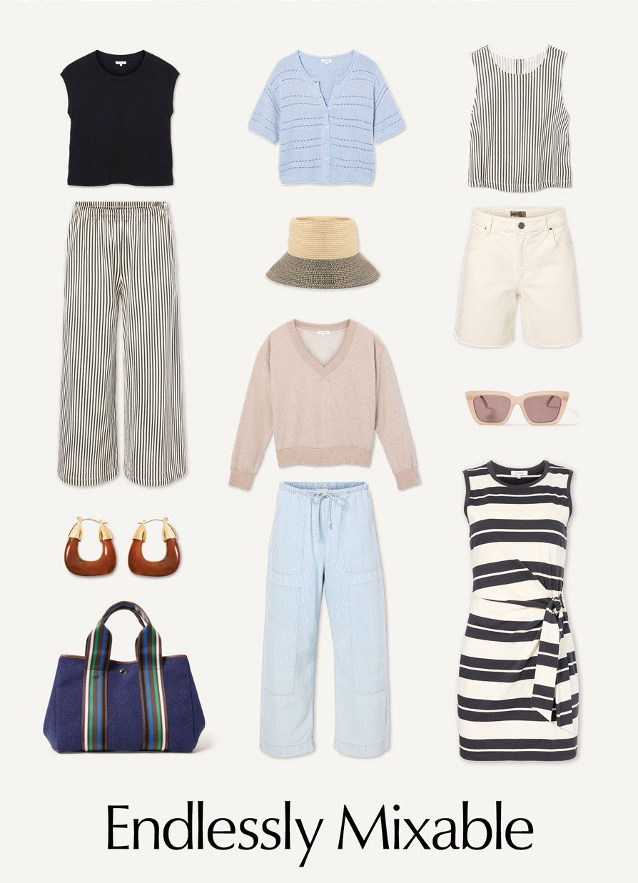 Endlessly Mixable. Collage of cutouts of trendsend summer capsule themebox looks from Trendsend by EVEREVE