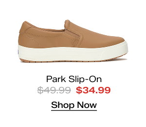 A side view of the Park Leather Slip-On in tan. The style was $49.99 and is on sale for $34.99. Shop Now.