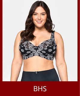 Ein Model trägt einen schwarzen Bügel-BH mit Stickerei-Spitze. Darunter der Text: BHs.