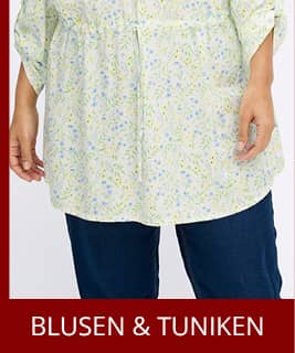 Ein Model trägt eine ecru-eisblau-gemusterte Tunika mit Blumenprint und Taillen-Gummizug . Darunter der Text: Blusen & Tuniken.