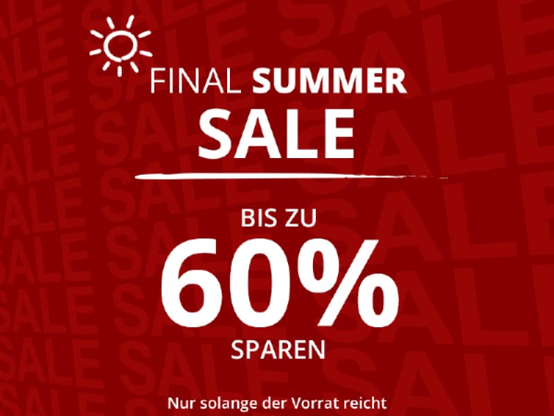 Ein roter Werbebanner: Final Summer Sale - bis zu 60% sparen. Nur solange der Vorrat reicht.