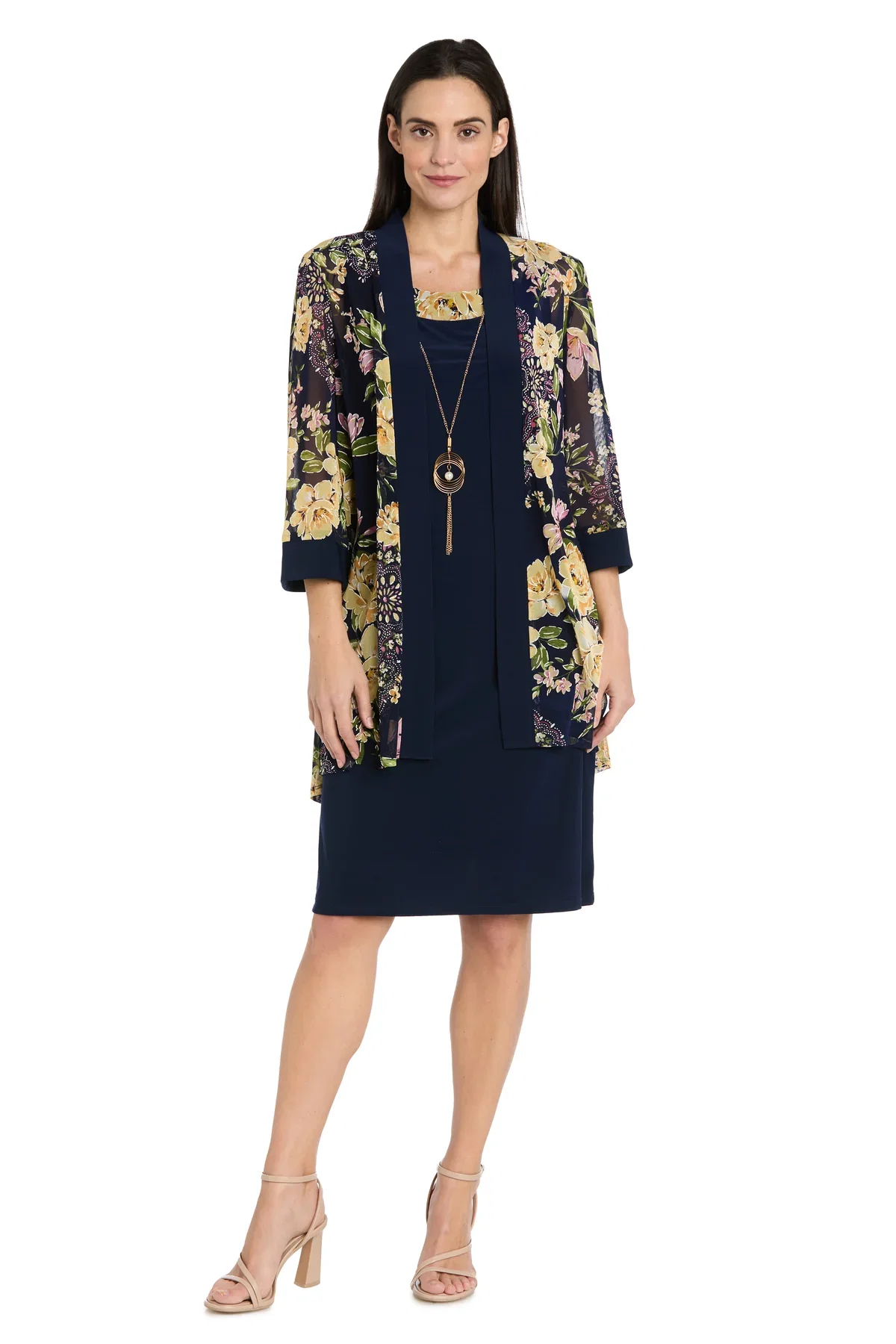Image of 2-Piece Jacket Dress with Detachable Necklace, Navy/Yellow