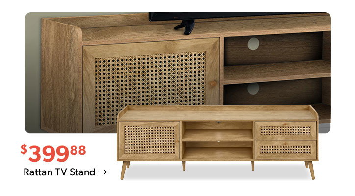 399 dollars and 88 cents. Click to shop the Rattan TV Stand