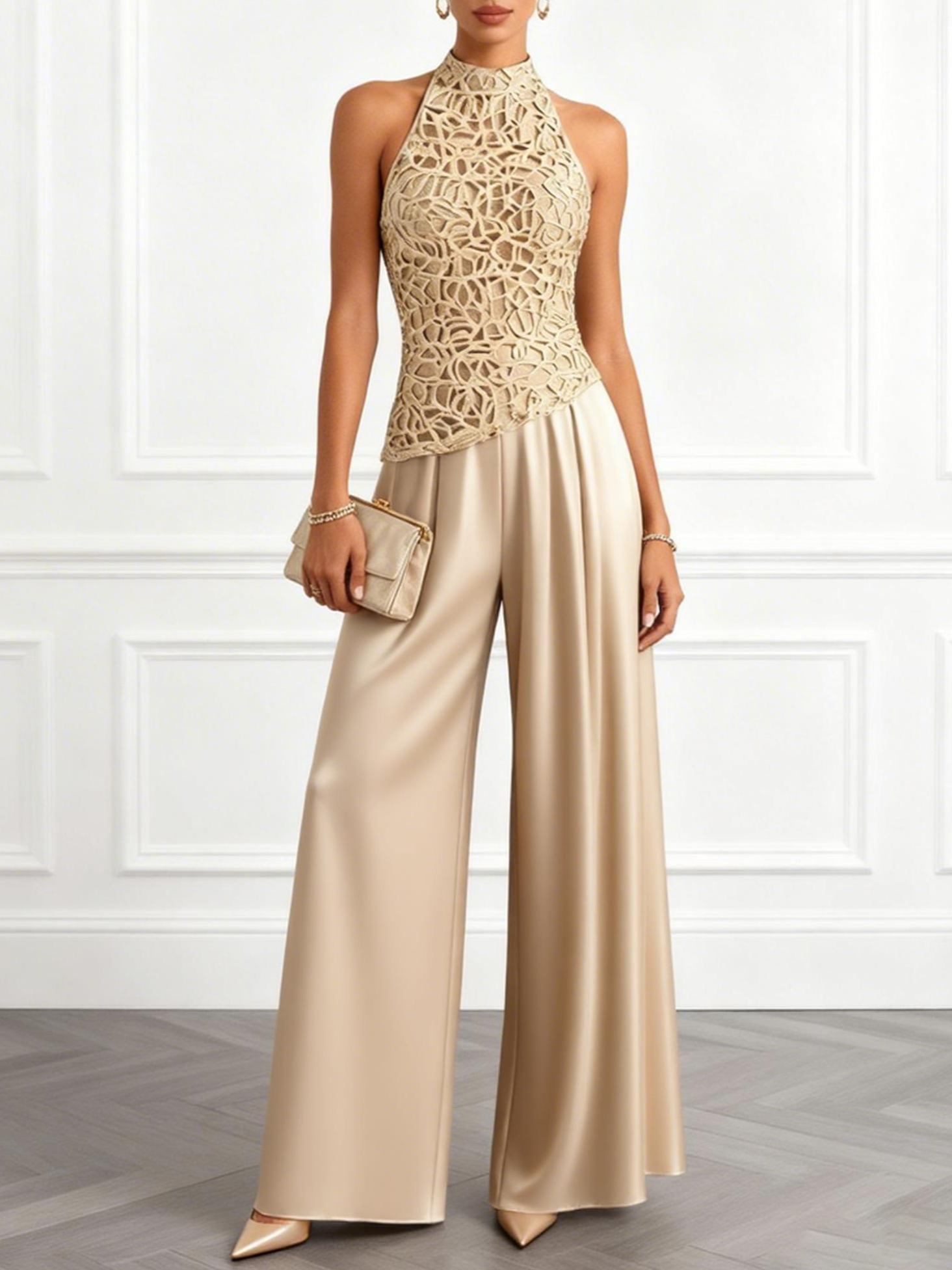 Women Champagne Lace Halter Neck Sleeveless Dressy Jumpsuit
