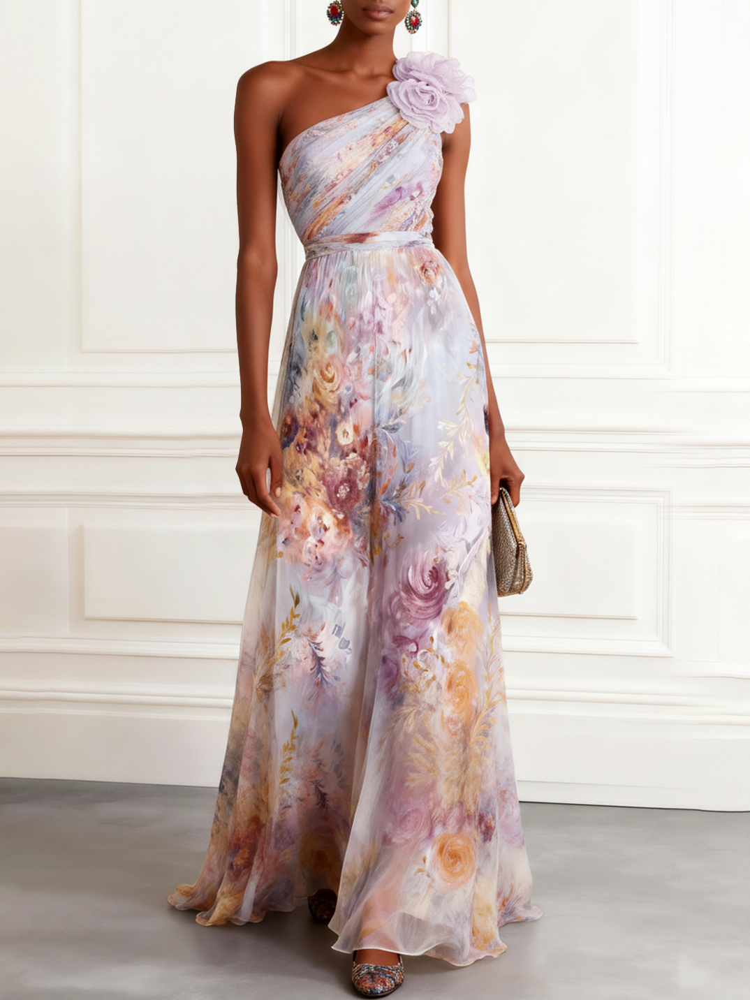 Light Purple 3D Floral Chiffon One Shoulder Sleeveless A-Line Floor-length Gown Dress