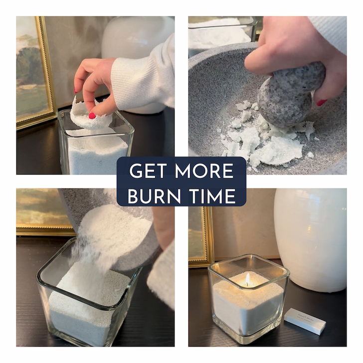 Four-step DIY showing how to refresh a pearled candle by removing melted wax, crushing it, pouring it back into a glass container, and relighting it for a longer-lasting burn.