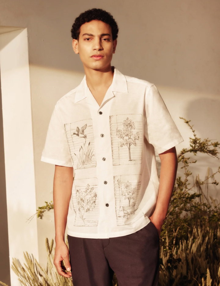 GALLAGR Panel Print Linen Blend Relaxed Shirt