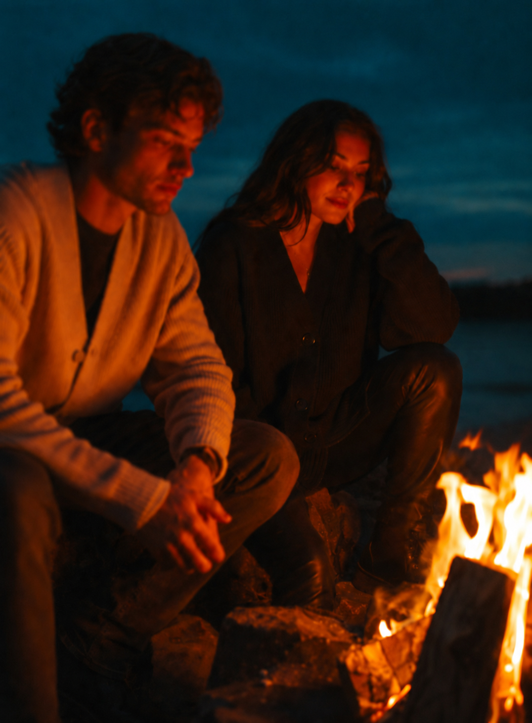 Man and woman sit next to a campfire during night. They both wear the Nobis Riga.
