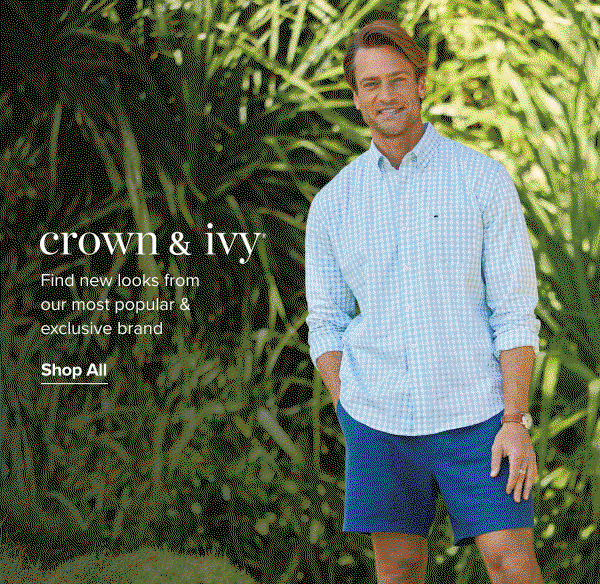 A carousel of images with a man, woman and pairs of shoes.
Crown & Ivy. Find new looks from our most popular and exclusive brand. Shop all.