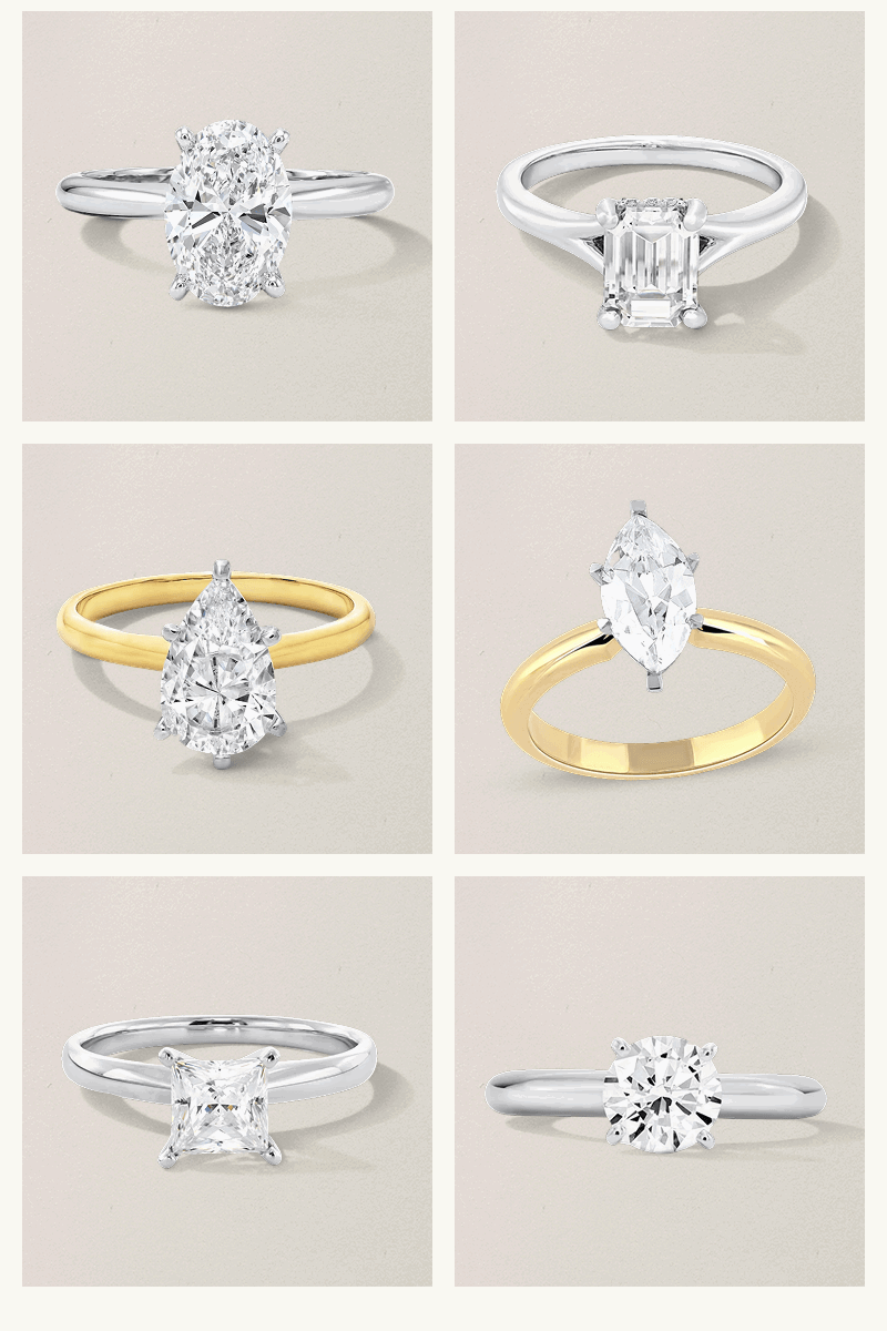 Six-image grid of various metal bands with different-shaped solitaire diamond stones, including round, emerald & oval.
