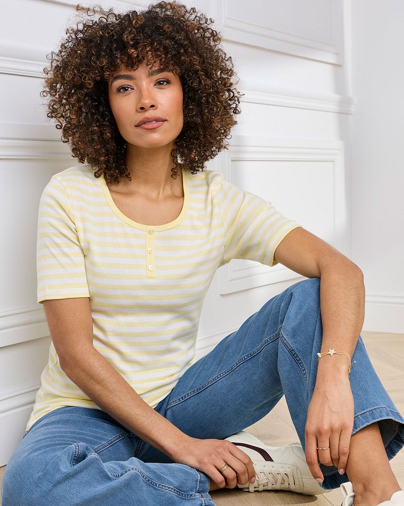 Wrinkle Free Stripe Button Neck Top