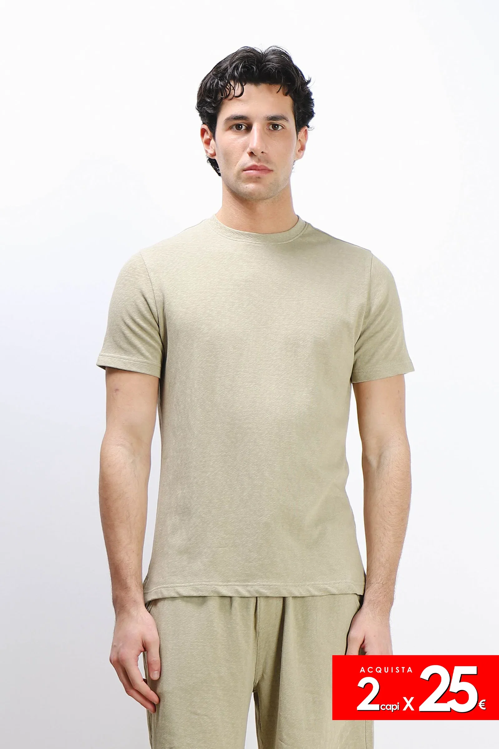 Image of T-SHIRT GIROCOLLO EFFETTO LINO KAKI