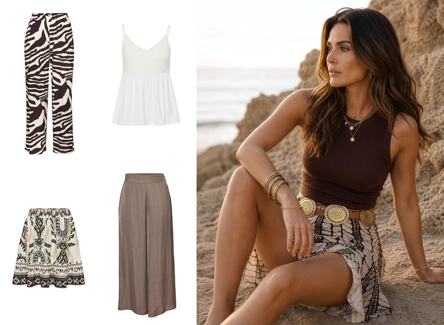  Ein Model sitzt am Strand, trägt ein ärmelloses braunes Top und einen gemusterten Rock mit Gürtel. Daneben sind fünf Kleidungsstücke: gemusterte Hose, weißes Top, gemusterter Rock, brauner Rock und ein weiteres Kleidungsstück.
