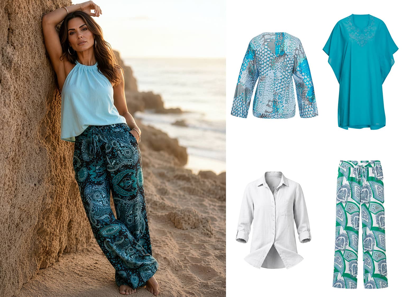 Ein Model lehnt am Felsen am Strand, trägt ein hellblaues ärmelloses Top und gemusterte blaue Hosen. Daneben sind vier Kleidungsstücke: ein blau gemustertes Oberteil, ein türkisfarbenes Kleid, ein weißes Hemd und gemusterte grüne Hosen.