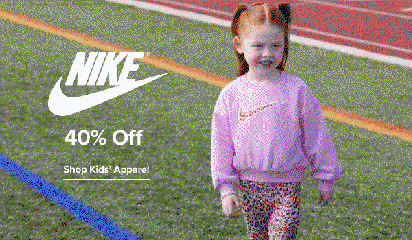 Flashing gif of two kids in Nike clothes. Nike logo. 40% off. Shop kids' apparel.