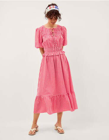 Mel Puff Sleeve Gingham Midi Dress Red