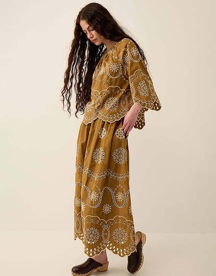 East Leni Floral Broderie Cotton Poplin Skirt Green