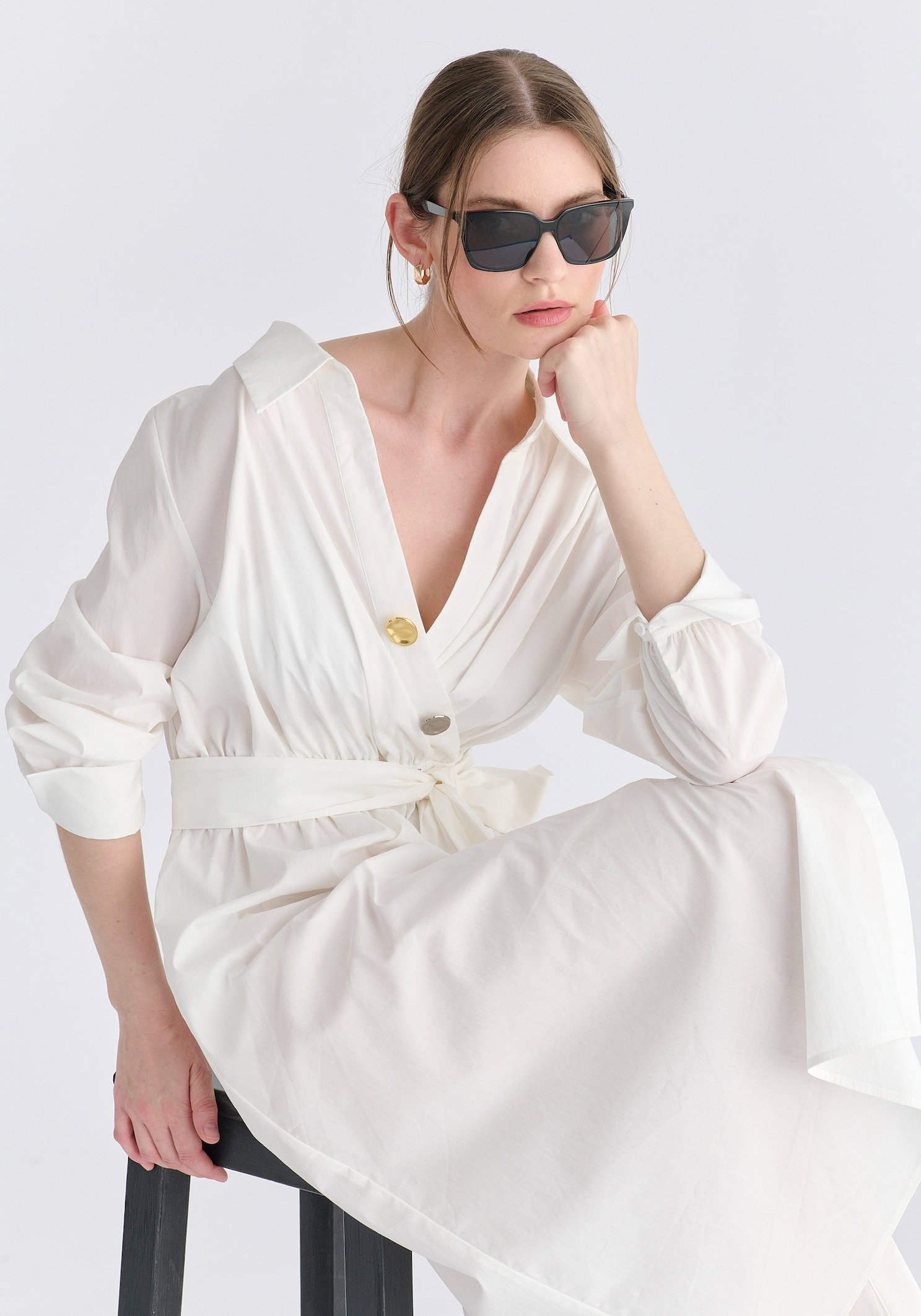 Wrap Midi Shirt Dress with Metallic Button in White