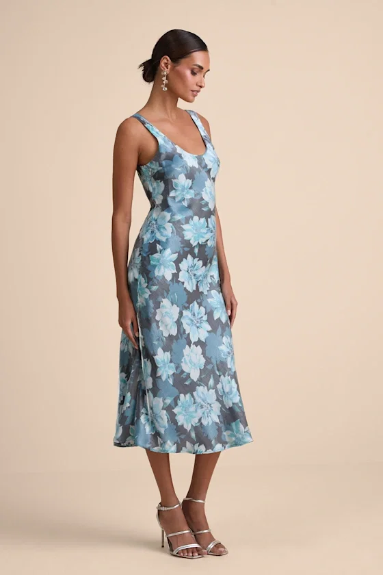 Image of Romantic Whims Blue Floral Print Organza Sleeveless Slip Dress