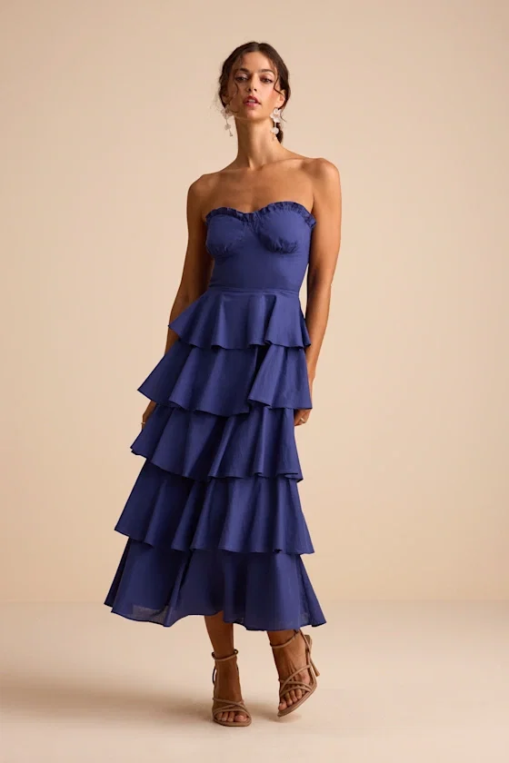 Image of Nayha Blue Strapless Tiered Midi Dress
