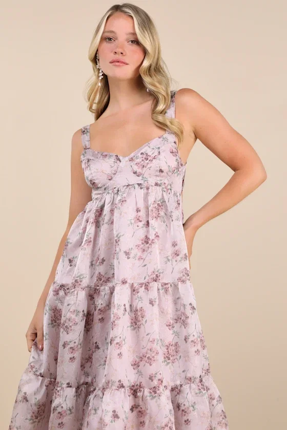 Image of Marvelously Darling Mauve Floral Tiered Backless Midi Dress