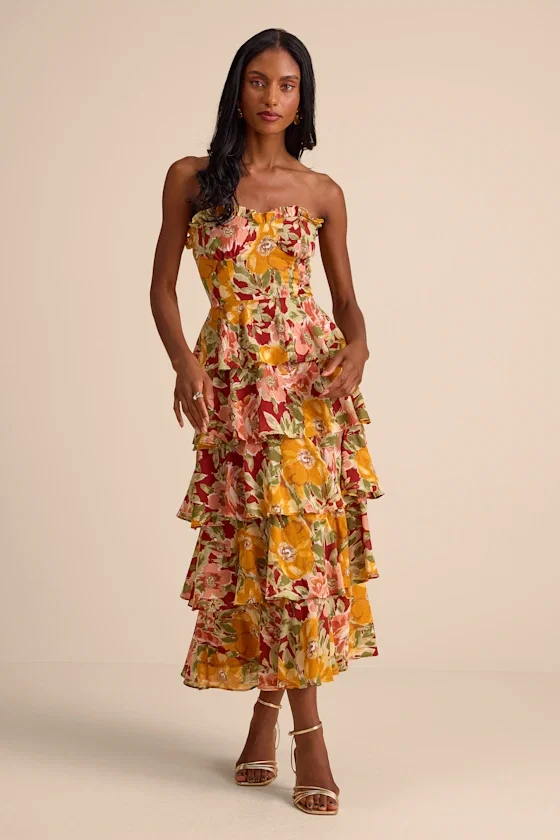 Image of Nahya Yellow Multi Floral Strapless Tiered Midi Dress