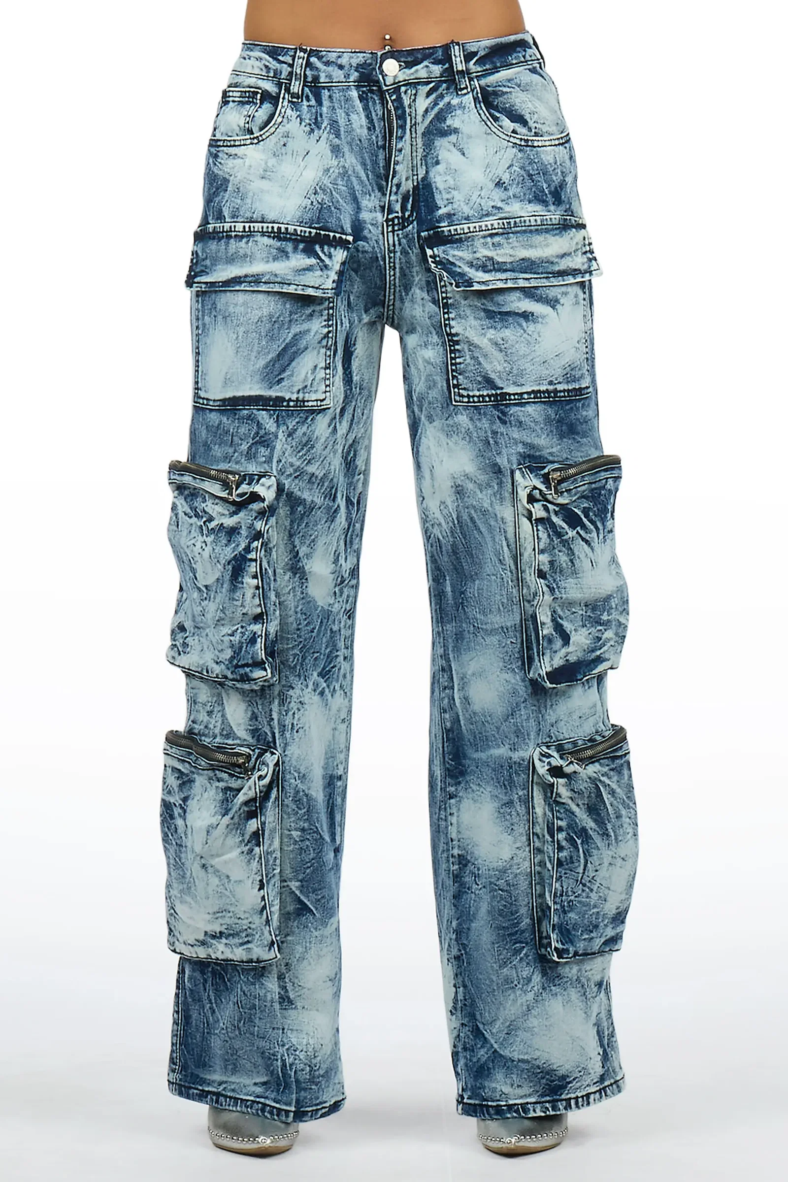 Image of Malaika Blue Cargo Stacked Jean