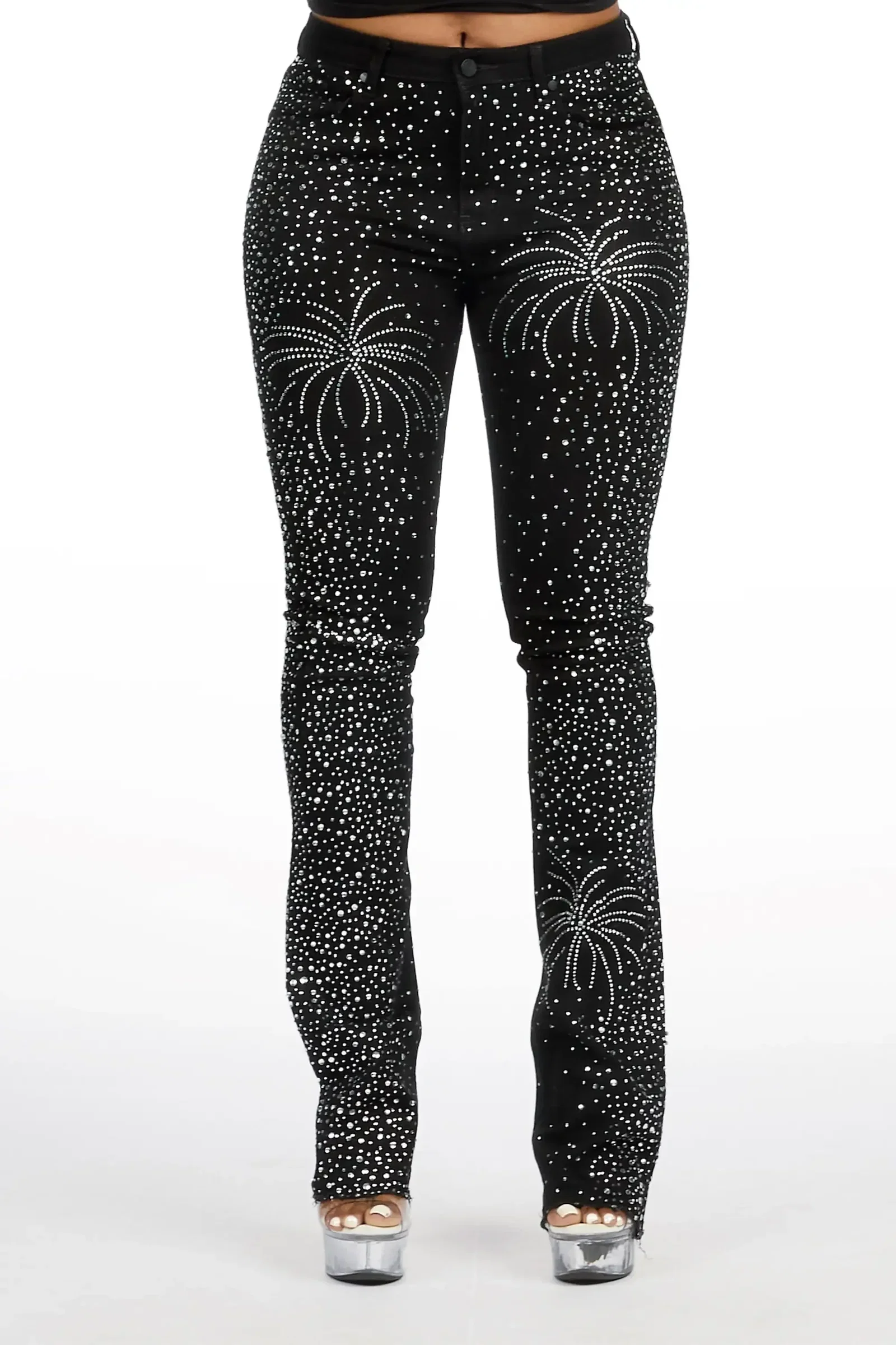 Image of Jamella Black Rhinestone Stacked Flare Jean