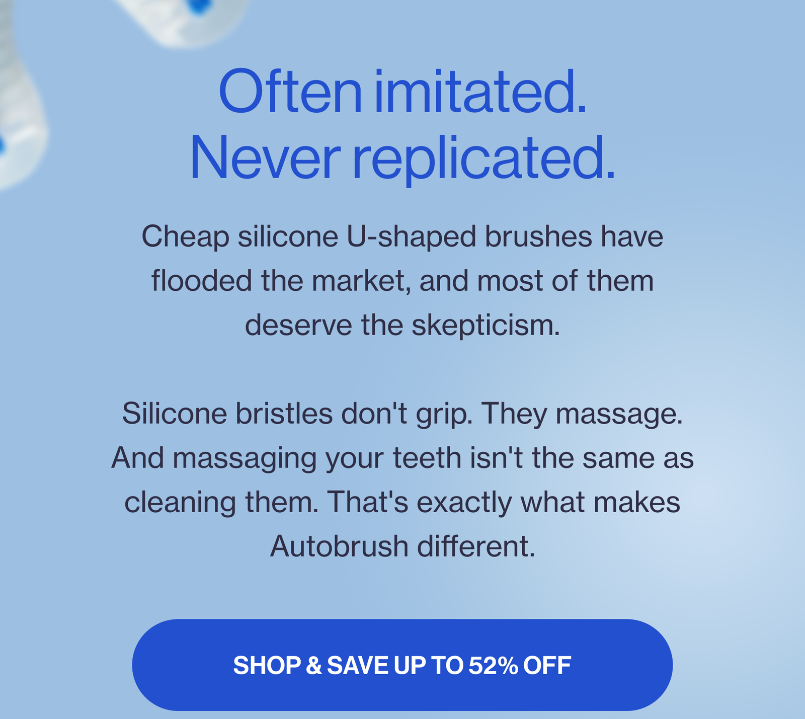 an image of a blue and white ad with a text that reads, often imitated never replicate