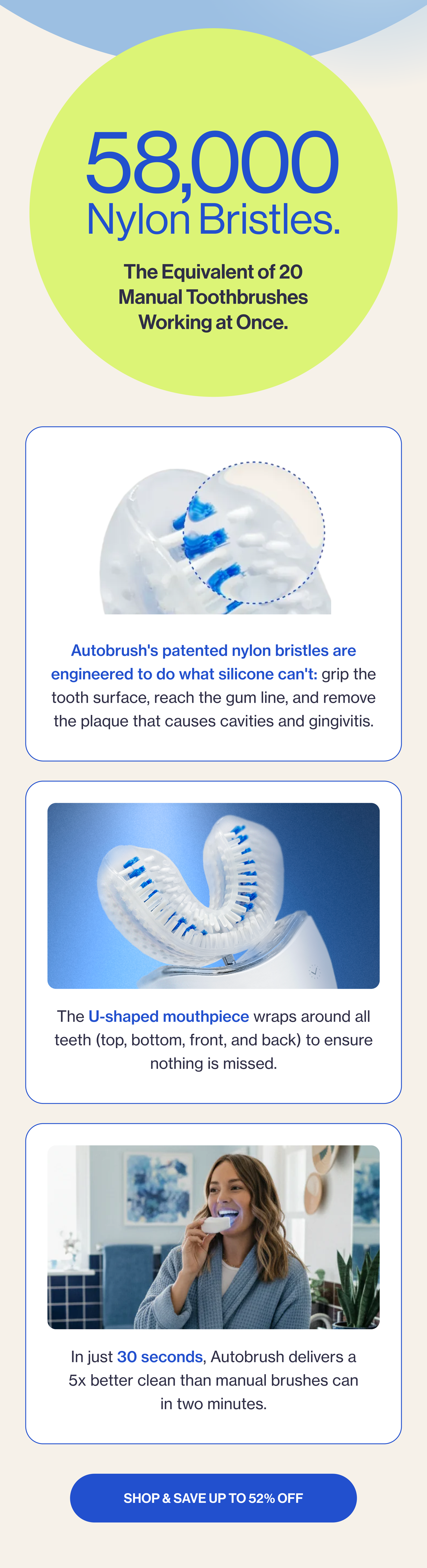 Receding gumline 58,000 Nylon Bristles. The Equivalent of 20 Manual Toothbrushes Working at Once. Autobrush's patented nylon bristles are...