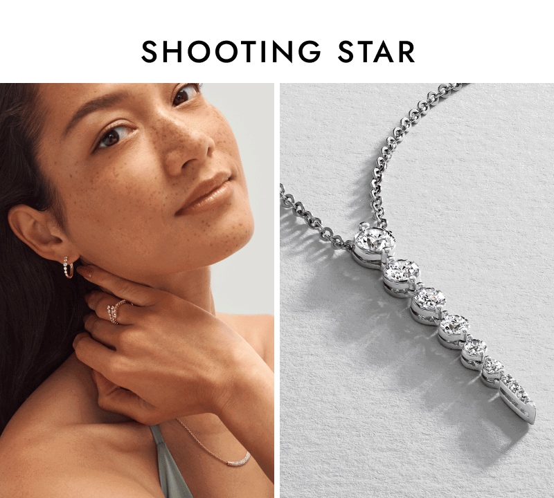 Woman wearing diamond hoop earrings, a ring and necklace beside a close-up of a diamond pendant.