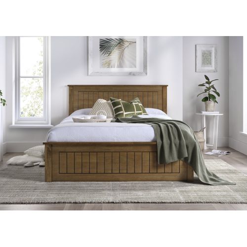 New England Oak Finish Wooden Ottoman Storage Bed