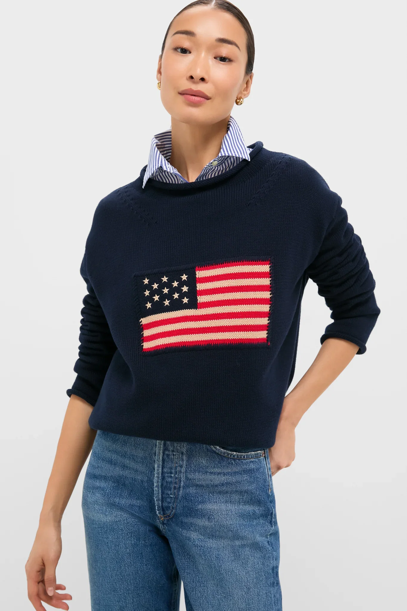 Image of Navy Cotton Rollneck Americana Sweater